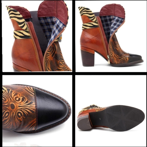 Trubelle Boho Handcrafted Leather & Tiger Print Booties Size 10 - Picture 16 of 16
